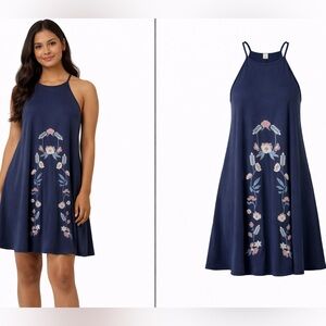 Alya Navy Embroidered Swing Dress M | Made in USA Slinky Floral Halter Dress